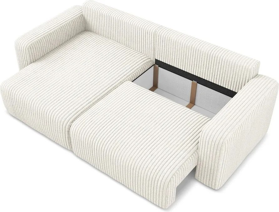 Krémszínű kordbársony kinyitható-tárolóhelyes sarokkanapé (bal oldali-heverő résszel) Kona – Makamii