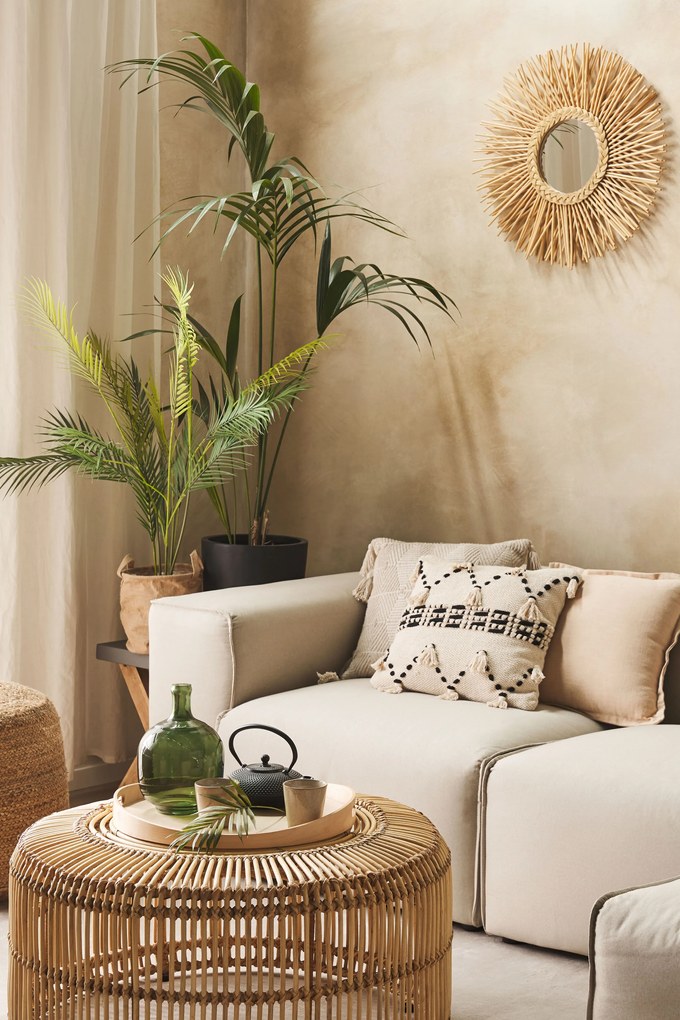 Rattan Dohányzóasztal Világos Fa Színben ⌀ 84 cm LIMNI Beliani