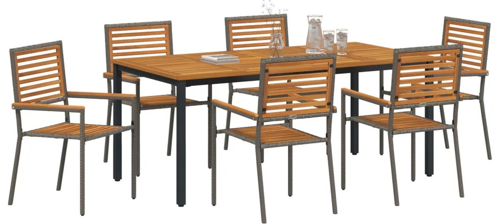 7 Darabos Kert Étkező Szett Szürke Polyrattan Akác, Összeépíthető Kerti Székek Párnákkal 2 db Szürke Polyrattan, Kerti Asztal 180x90x75 cm Szilárd Akác Fa és Fém