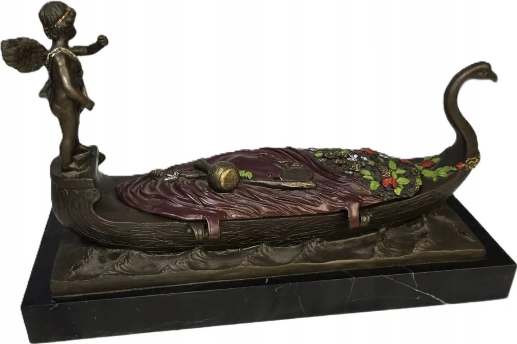 Figura Bronz szobor Gondola Márvány alap Angyalka ékszerdoboz