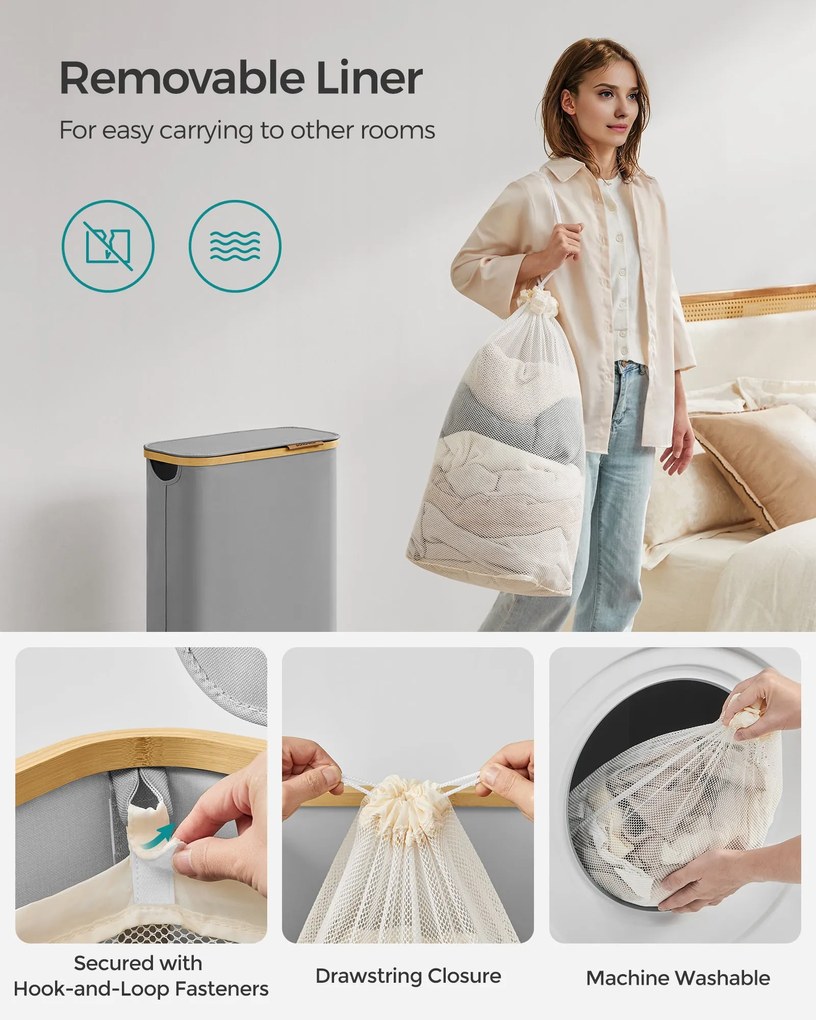 Fedeles mosókosár, 65L, levehető hálós bélés, bambusz fogantyúk, galambszürke