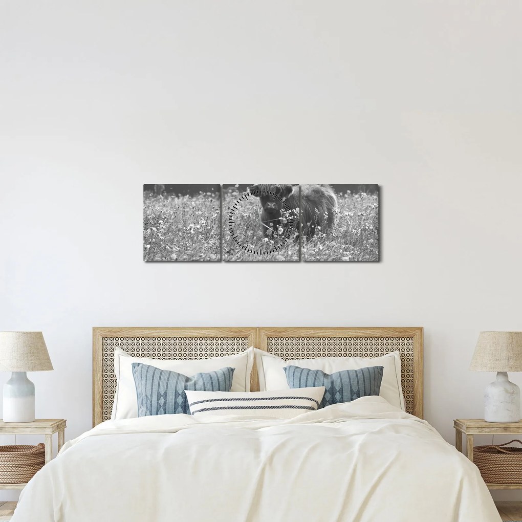 Kép - Skót tehén 5, fekete-fehér (órával) (90x30 cm)