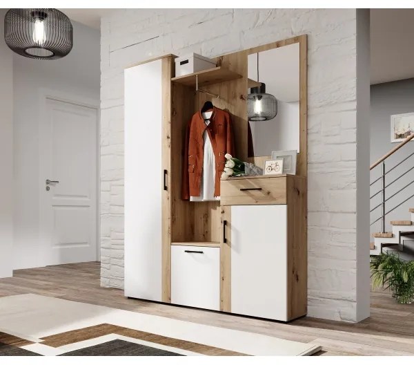 Előszobafal tükörrel NOLAN artisan tölgy/fehér