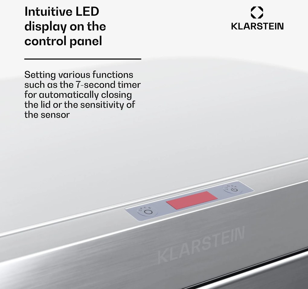 Klarstein Touchless, szenzoros szemétkosár, 60 l, rozsdamentes acélból, Soft-Close záródás, elemmel működő, LED kijelző, időzítő