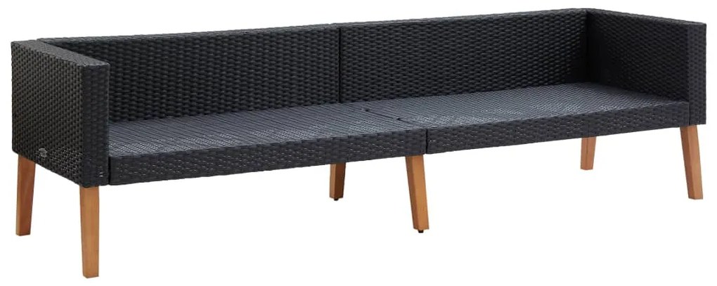 Háromszemélyes fekete polyrattan kerti kanapé párnákkal