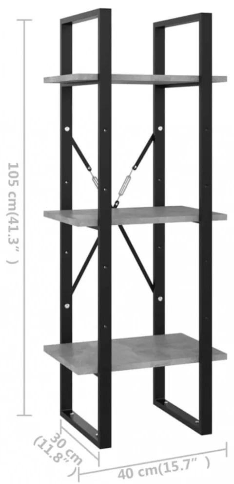 3-szintes betonszürke szerelt fa könyvszekrény 40 x 30 x 105 cm