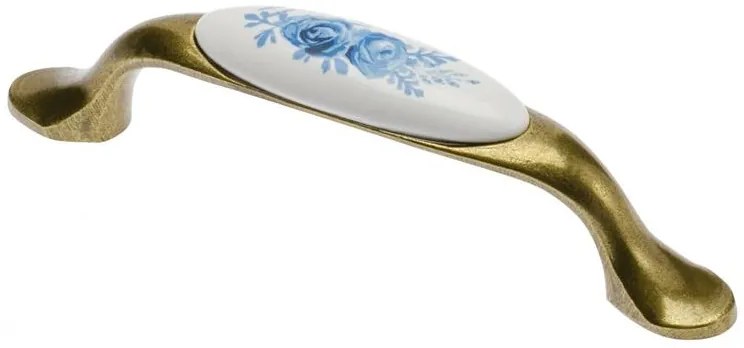 Fogantyú porcelán-fém, 96mm, 728P, kék virágmintás antik bronz