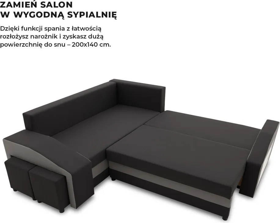 Grande sarokkanapé polcokkal és puffokkal , polc a jobb karfaban puffok a bal karfaban, baloldali, szövet anyag, hab töltet, fekete - szürke