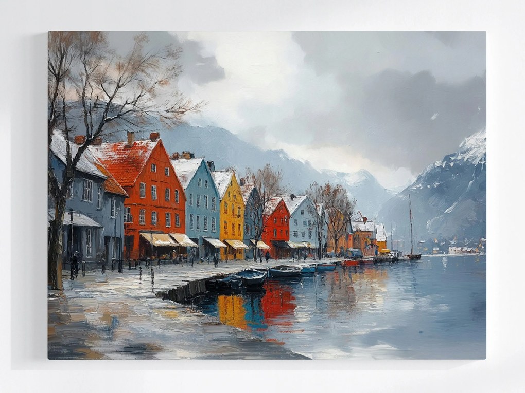 Poszter Norvégia Hegyek Bergen Bérházak Fjord Tél 80x60