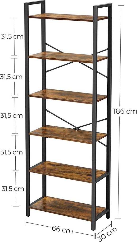 6 szintes könyvespolc tároló polc acélkerettel 66 x 30 x 186 cm , rusztikus barna