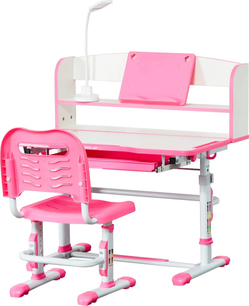 HOMCOM Magasságállítható Gyermek Íróasztal és Szék Szett 6-12 Éveseknek, Iskolai Pad 45°-ban Dönthető Asztallal, Lámpával, Fiókkal, Polccal, Tolltartó