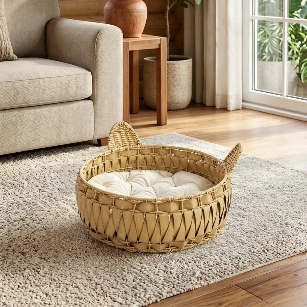 PawHut Rattan macskafekhely, macskabarlang levehető párnával, macskakosár 10 kg-ig, világosbarna