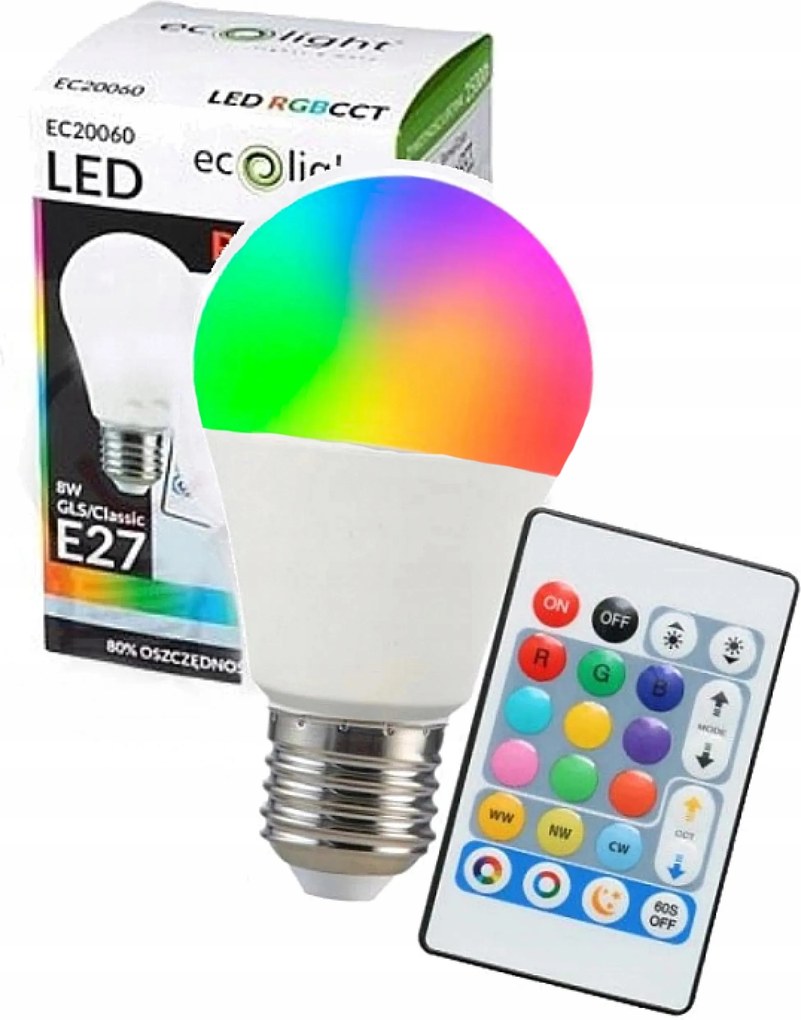 Rgb Led izzó Színes Fehér Fény Távirányító Nagy Menetes E27 8W 800lm