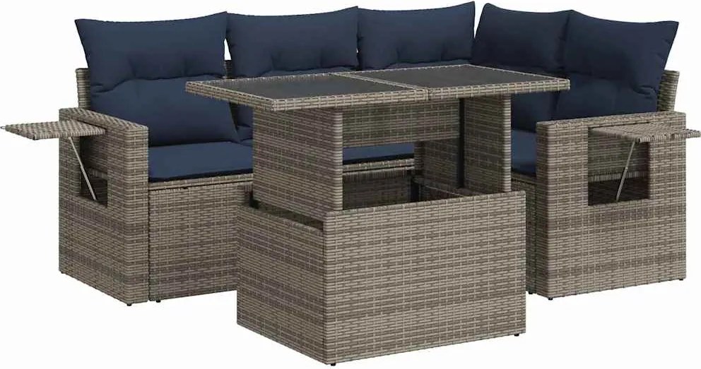 vidaXL 5 részes szürke polyrattan akácfa kerti kanapészett párnákkal