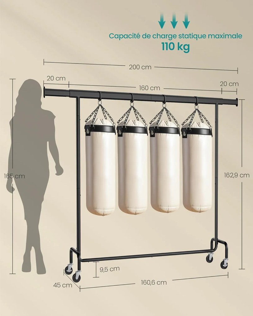 Ruhatartó állvány kerekekkel, extra hosszú,hordozható, fekete