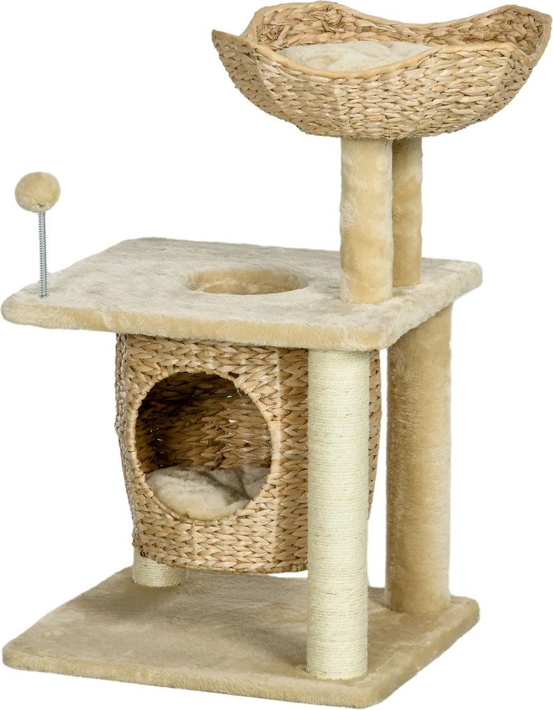 PawHut Kicsi Macska Kaparófa, 74 cm-es Macskafa Macska Üreggel, Játék Labdával, Benti Mászótorony Ággyal, Kaparó Bútor Macskáknak 5 kg-ig, Bézs | Aoso