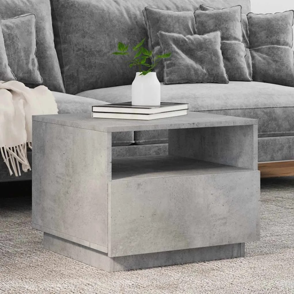 Betonszürke dohányzóasztal LED-lámpákkal 50x49x40 cm
