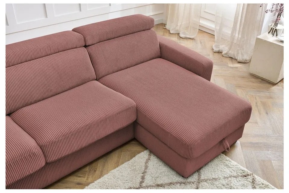Rózsaszín kordbársony kinyitható sarokkanapé (variálható) Monaco – Bobochic Paris