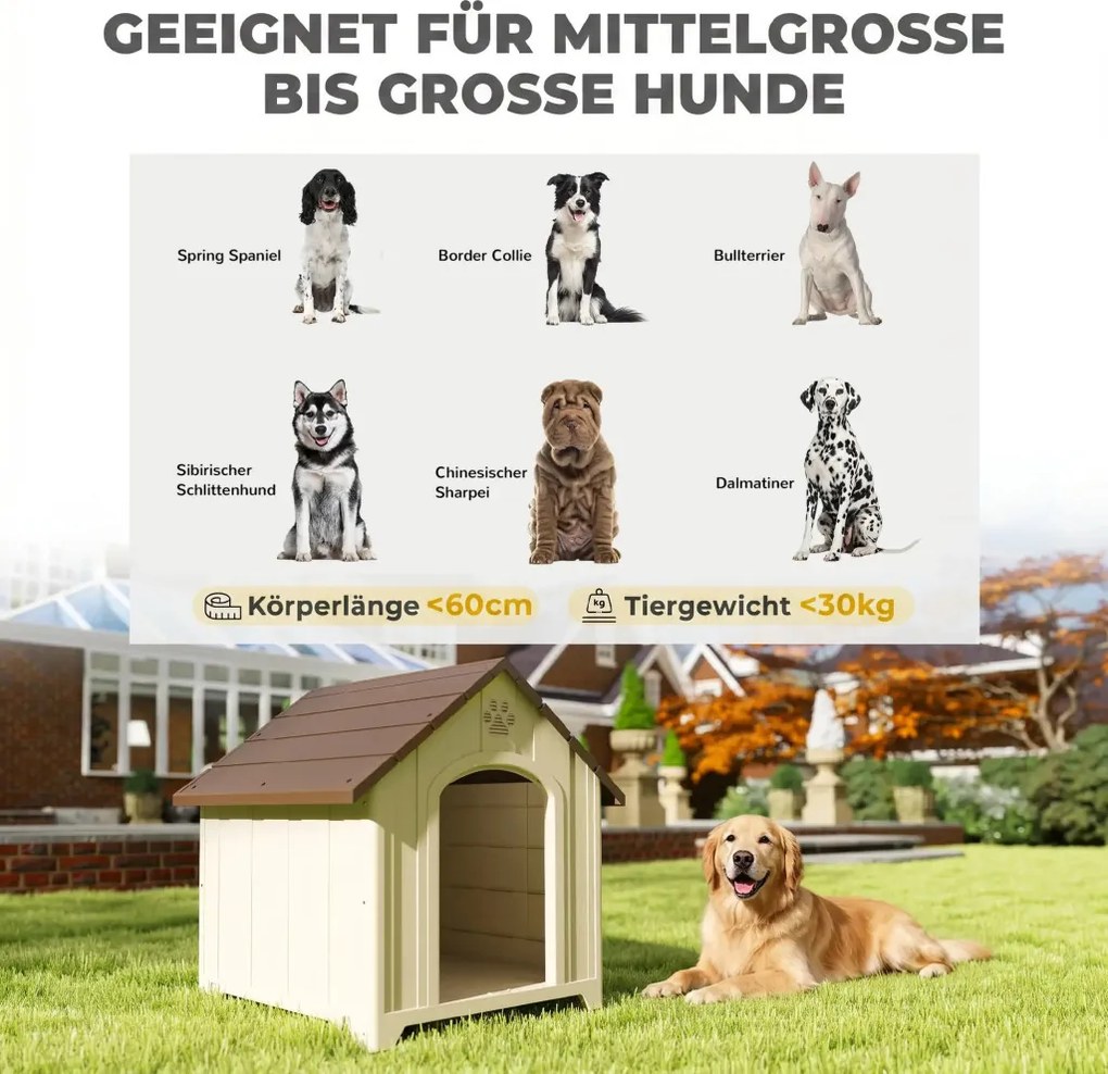 PawHut Kutyaház, megemelt kutyabarlang csuklós aszfalttetővel, időjárásálló talajhorgonyokkal, bézs