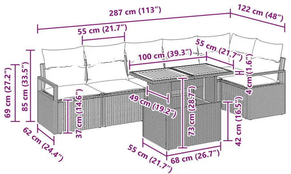 Kert étkező szett 7 pcs Szürke és Barna 100 x 55 x 73 cm