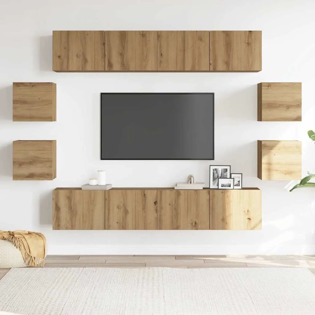 8 részes kézműves tölgy színű szerelt fa fali TV-szekrényszett