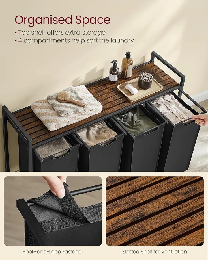 VASAGLE szennyestartó, 4 rekeszes ruhaszeparáló kosár 116×33×72 cm, Fekete és rusztikus barna