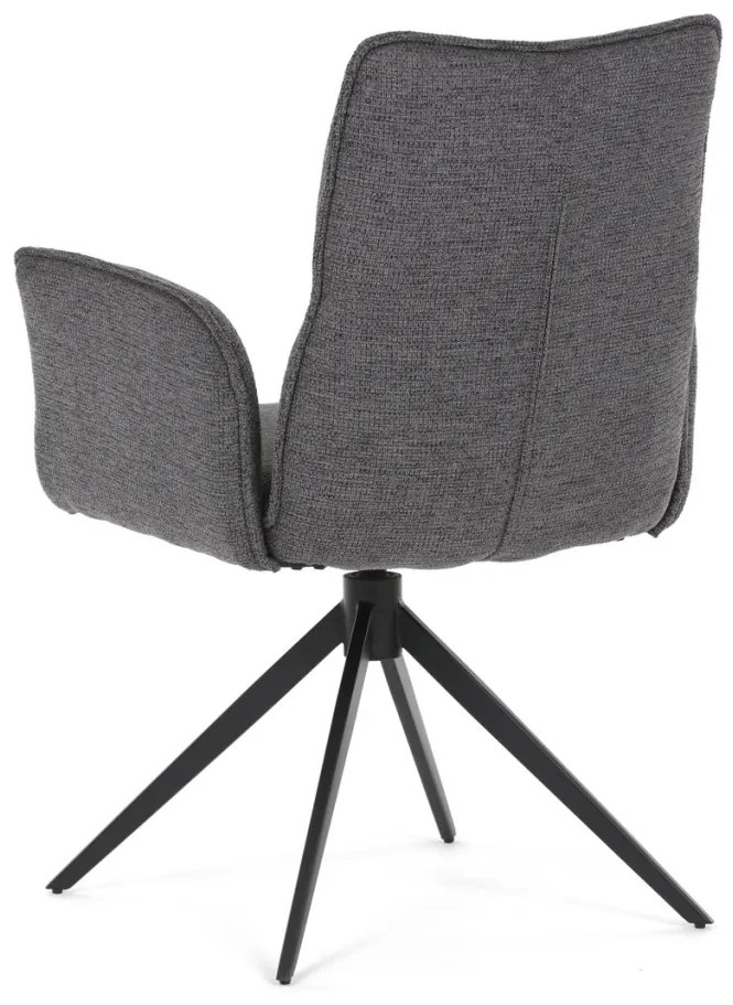Scaun de dining rotativ, tapițat cu material textil gri, mecanism rotativ 360°, picioare metalice negre