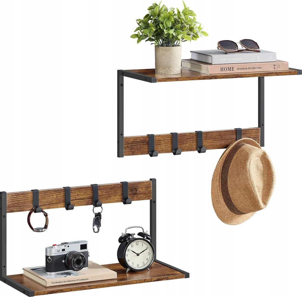 Fali polc polccal, 2 darabos szett, 5 akasztóval, különböző konfigurációk, komplett szett