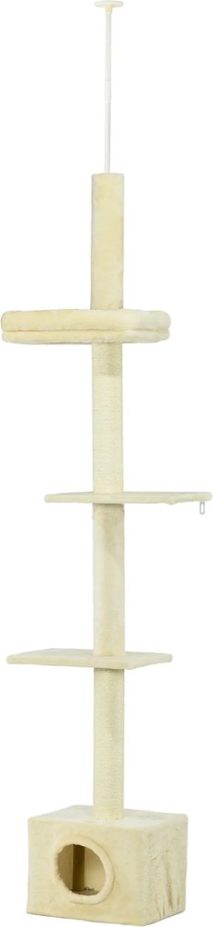 PawHut Magasságban Állítható Macskafája 230–260 cm-ig Játék Torony Macskáknak, Kaparóoszlop 4 Szinten Plüss Bézs Belsővel | Aosom