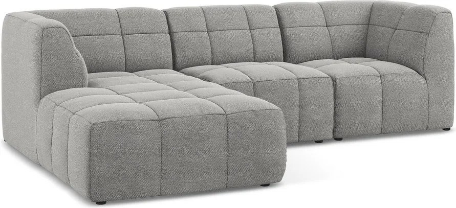 Szürke buklé sarokkanapé (bal oldali-heverő résszel) Aloha – Makamii