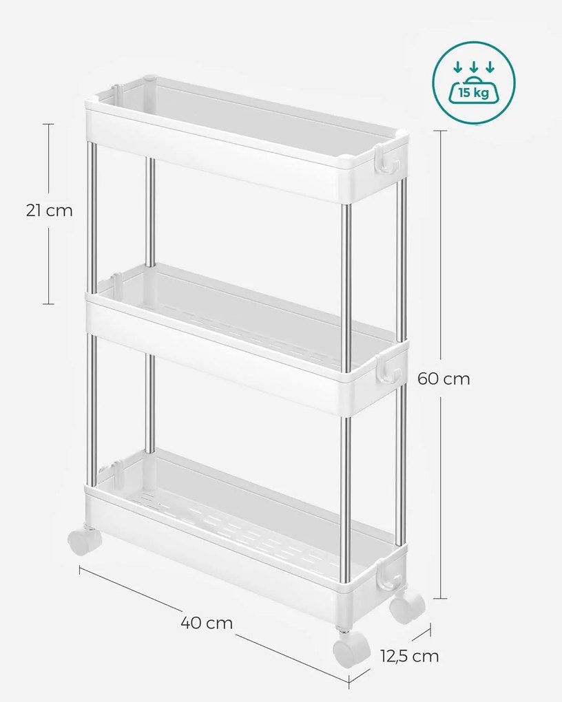 Tárolókocsi, guruló polc, 3 szintes, helytakarékos, fürdőszobába, konyhába, irodába, 40 x 12,5 x 60 cm, fehér