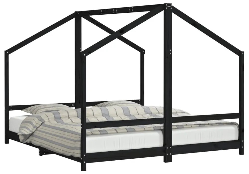 fekete tömör fenyőfa gyerekágykeret 2 x (90 x 200) cm