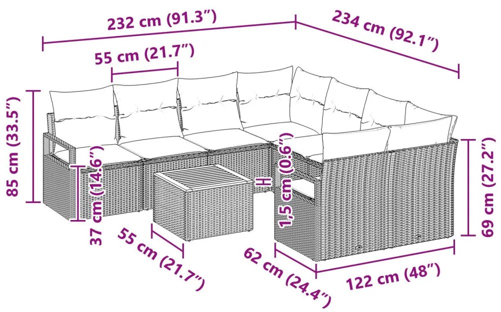 9 Darabos Kert Sofa Szett Párnákkal Bézs Poli Rattan Akác, Kétfős Kert Sofa Párnákkal Bézs Poli Rattan