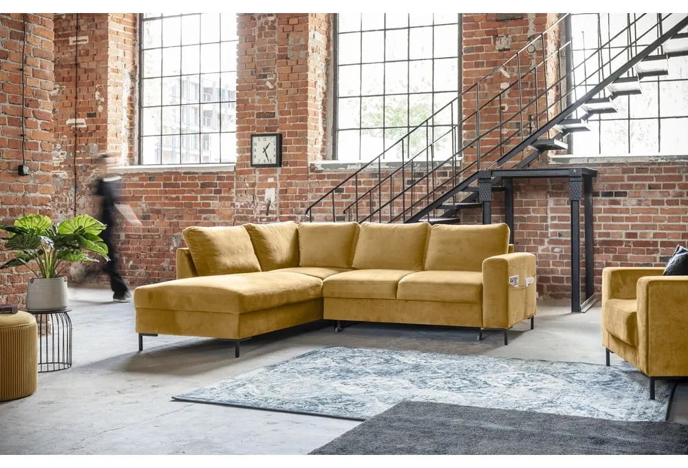 Sárga bársony kinyitható sarokkanapé (bal oldali) Lofty Lilly – Miuform