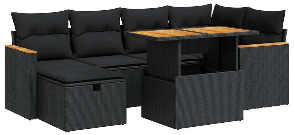 8 részes fekete polyrattan kerti ülőgarnitúra párnákkal