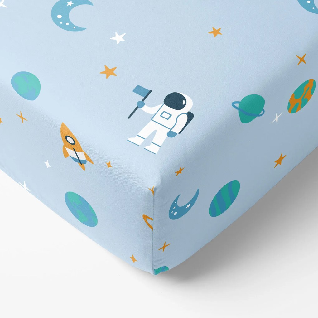 Goldea gyermek pamut gumis lepedő - űrhajósok az űrben 80 x 160 cm