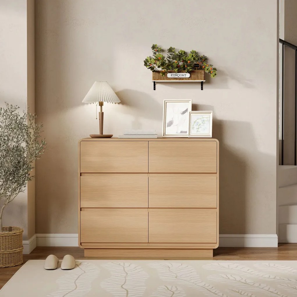 HOMCOM Komód, 6 fiókos büfészekrény, 100 x 38 x 86cm, nappaliba, étkezőbe, natúr fa