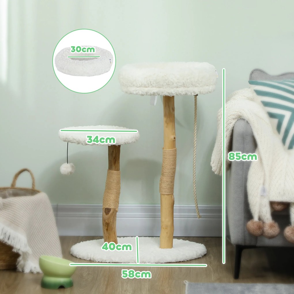 PawHut Macska Fakó, 85 cm, Mászófa Ággyal, Kaparóposztokkal, Ugróplatformmal, Labdával és Játékkötéllel, Belső Használatra, Fehér | Aosom