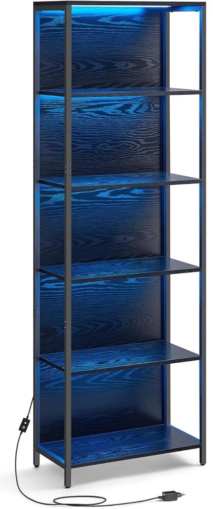 6 szintes könyvespolc, álló polcrendszer állítható LED világítással, 30,3 x 60 x 178,6 cm