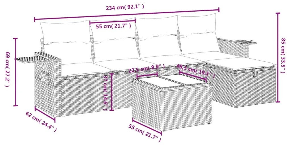 6 részes szürke polyrattan kerti ülőgarnitúra párnákkal