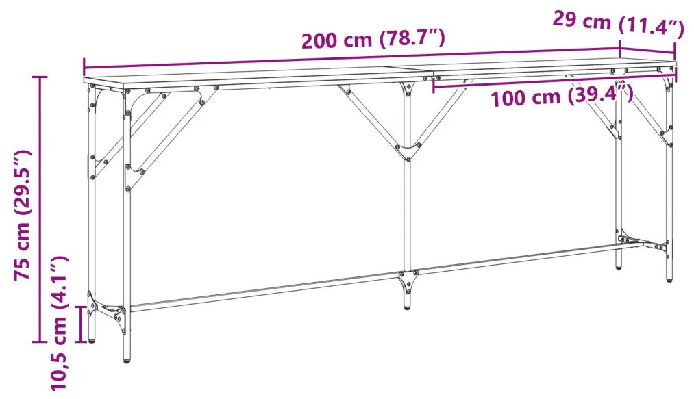 Konzol Asztal Fekete Tölgy 200x29x75 cm Összeszerelt Fa