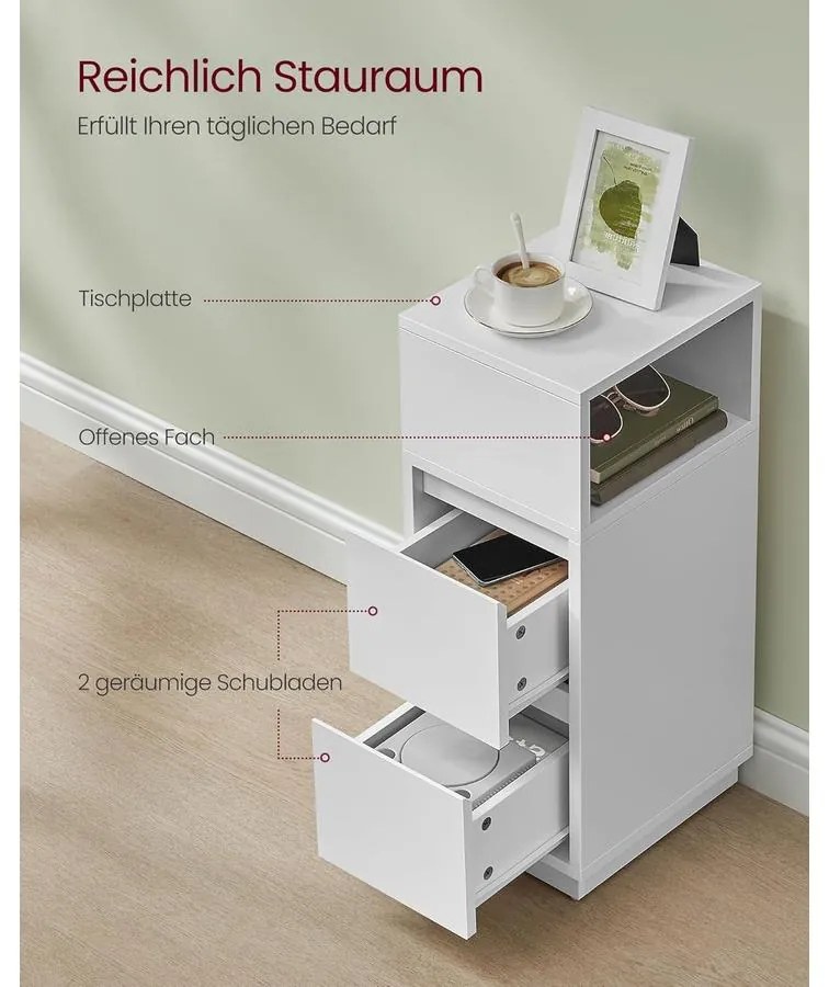 Keskeny éjjeliszekrények, 2 darabos szett,2 fiókkal balra vagy jobbra szerelhető, felhő fehér