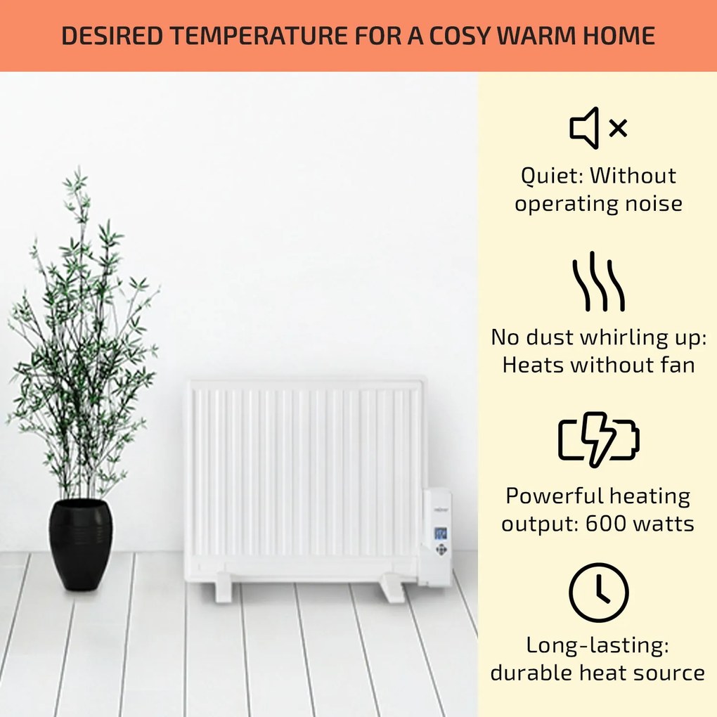 OneConcept Wallander, olajradiátor, 600 W, termosztát, olajfűtés, lapos design, fehér