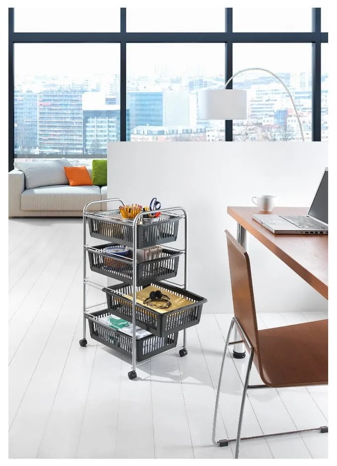 Jumbo szürke gurulós polc, 4 kosárral - Metaltex
