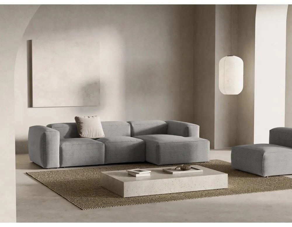 Világosszürke kordbársony sarokkanapé (jobb oldali-heverő résszel) Bergamo – Cosmopolitan Design