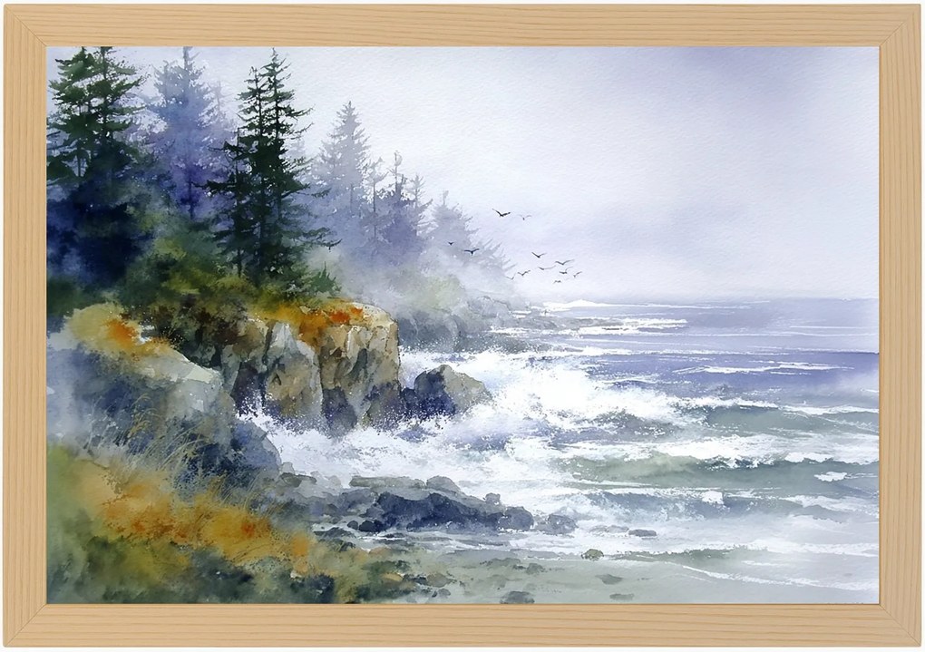 Poszter Keret Fa Tájkép Tenger Hullámok Part Erdő Sziklák Fák 60x40