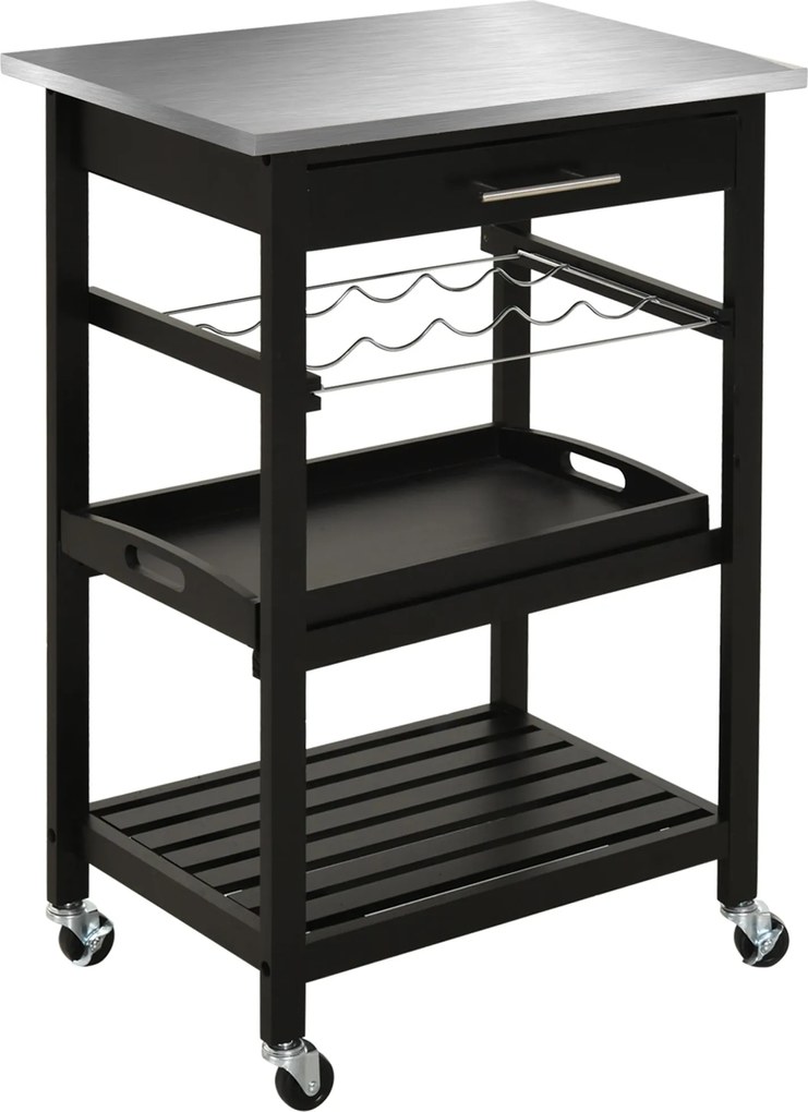 HOMCOM Konyhai Szerviz Kocsi Üveg Tároló Polccal 60L x 40W x 85H cm Rozsdamentes Acél Felső. Fekete | Aosom