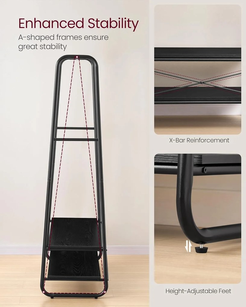 Ruhatartó állvány, ruhafogas 2 polccal és 6 darab s alakú akasztóval, fekete színben