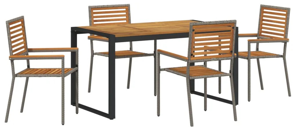 5 Darabos Kert Étkező Készlet Szürke Poly Rattan Akác, Rakható Kerti Székek Párnákkal 2 db Szürke Poly Rattan