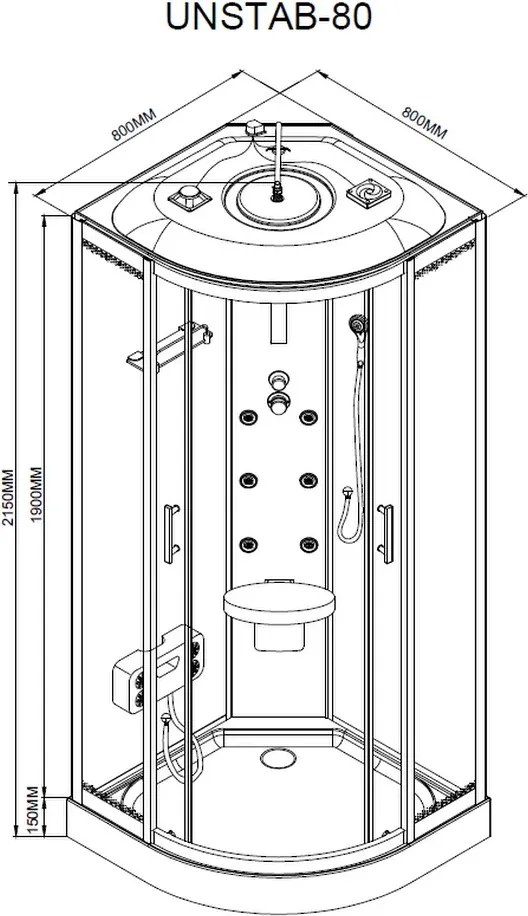 Vital Black hidromasszázs zuhanykabin 80x80 cm-es méretben